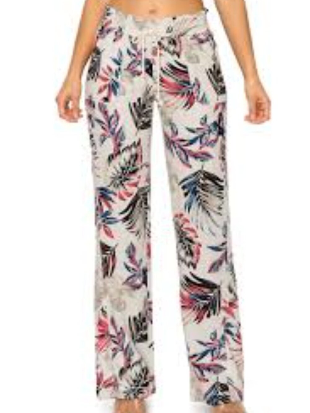 Cali1850 Tropical Palm Leaf Print Linen Wide Leg Lounge Beach Pants sz L